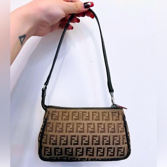 FENDI Hand Bag Tote FF Zucchino Pouch Purse Canvas Leather Brown Authentic - Picture 1 of 17